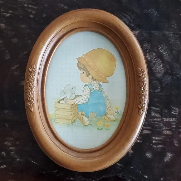 VINTAGE PAIR OF OVAL PORTRAITS BOY AND GIRL WALL DECOR PICTURES Puppies Overalls - Picture 4 of 8